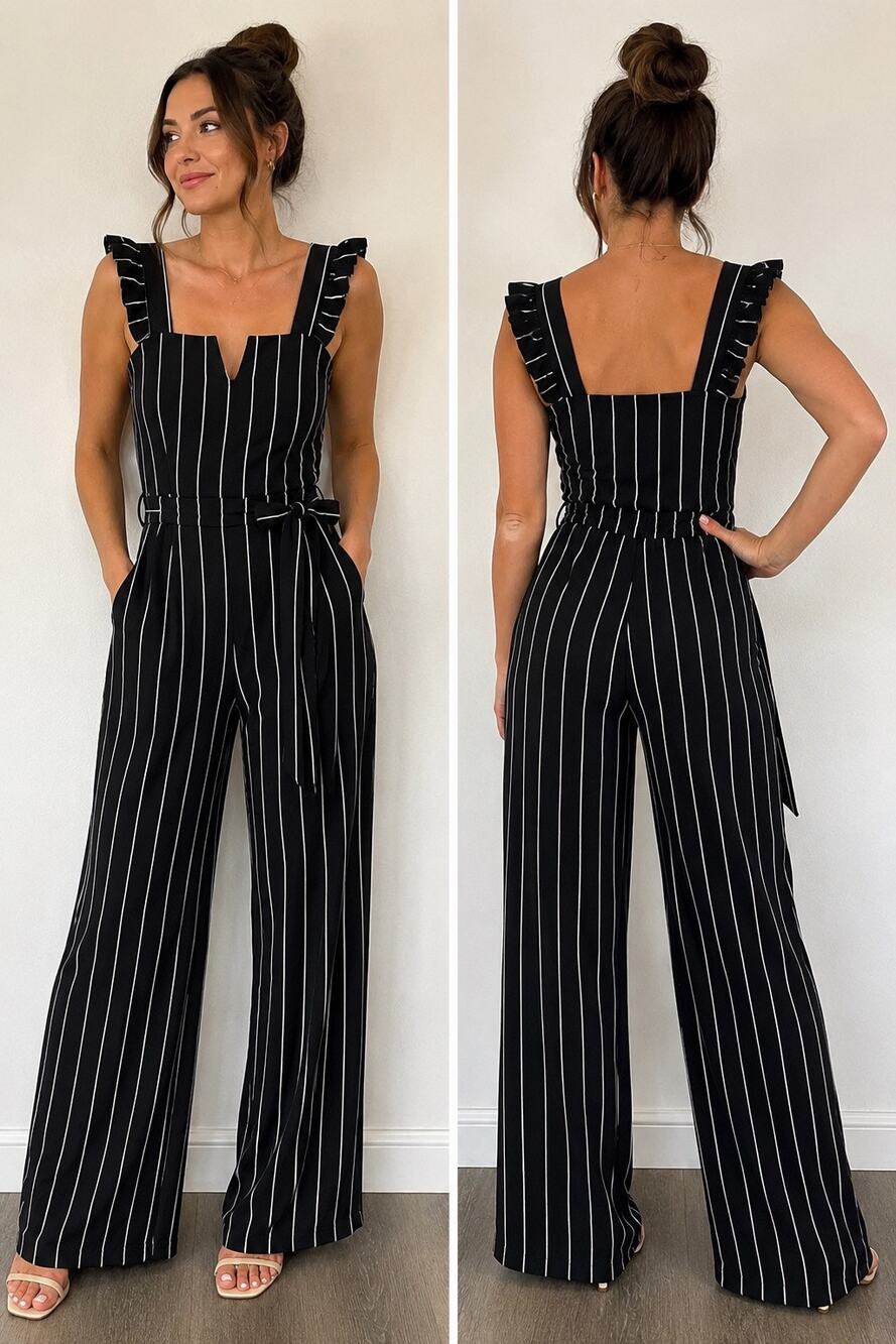 Black White Striped Jumpsuit XS Ruffle Strap Wide Leg Tie Waist V Neck
